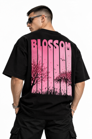 Black CLONTH Blossom Oversized Tee with large pink floral back graphic