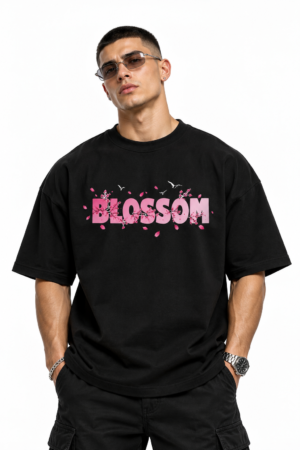 Blossom Oversized Tee by CLONTH in black with pink floral front graphic
