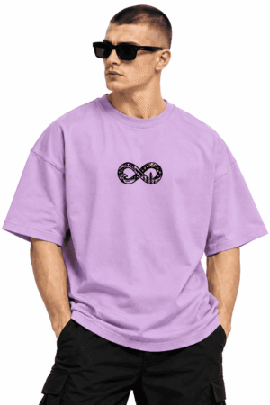 Front standing view of Great Things Take Time Oversized Tee with infinity chest design