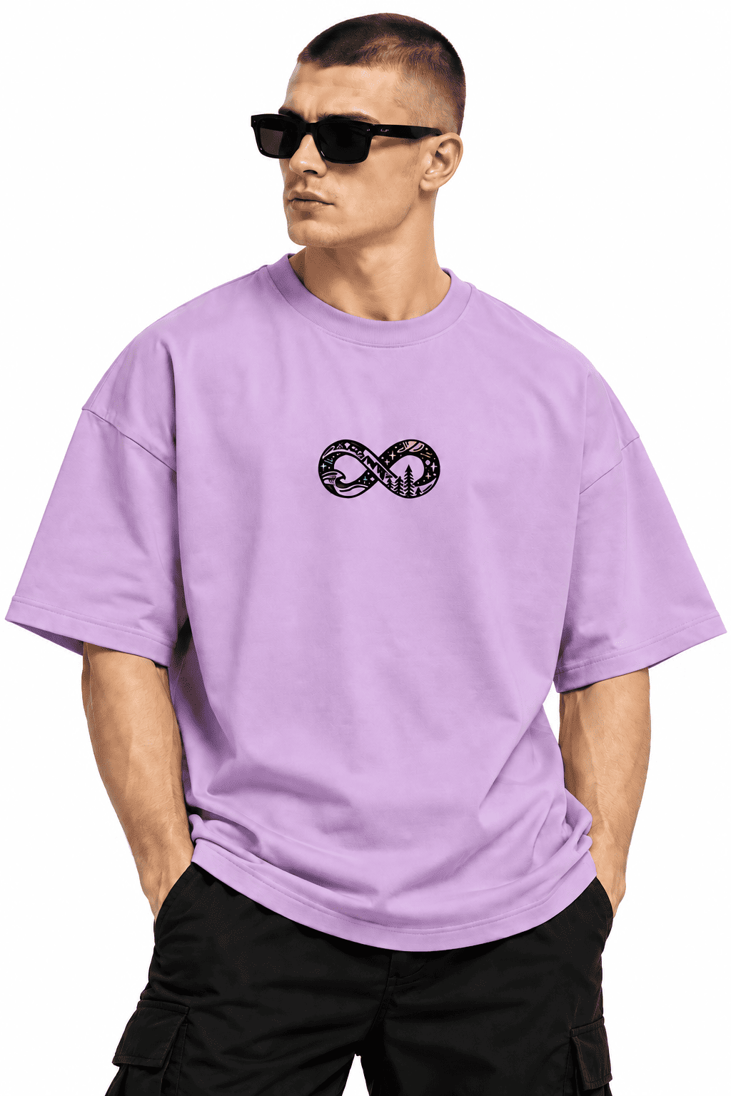 Great Things Take Time Oversized Tee 1 Front standing view of Great Things Take Time Oversized Tee with infinity chest design