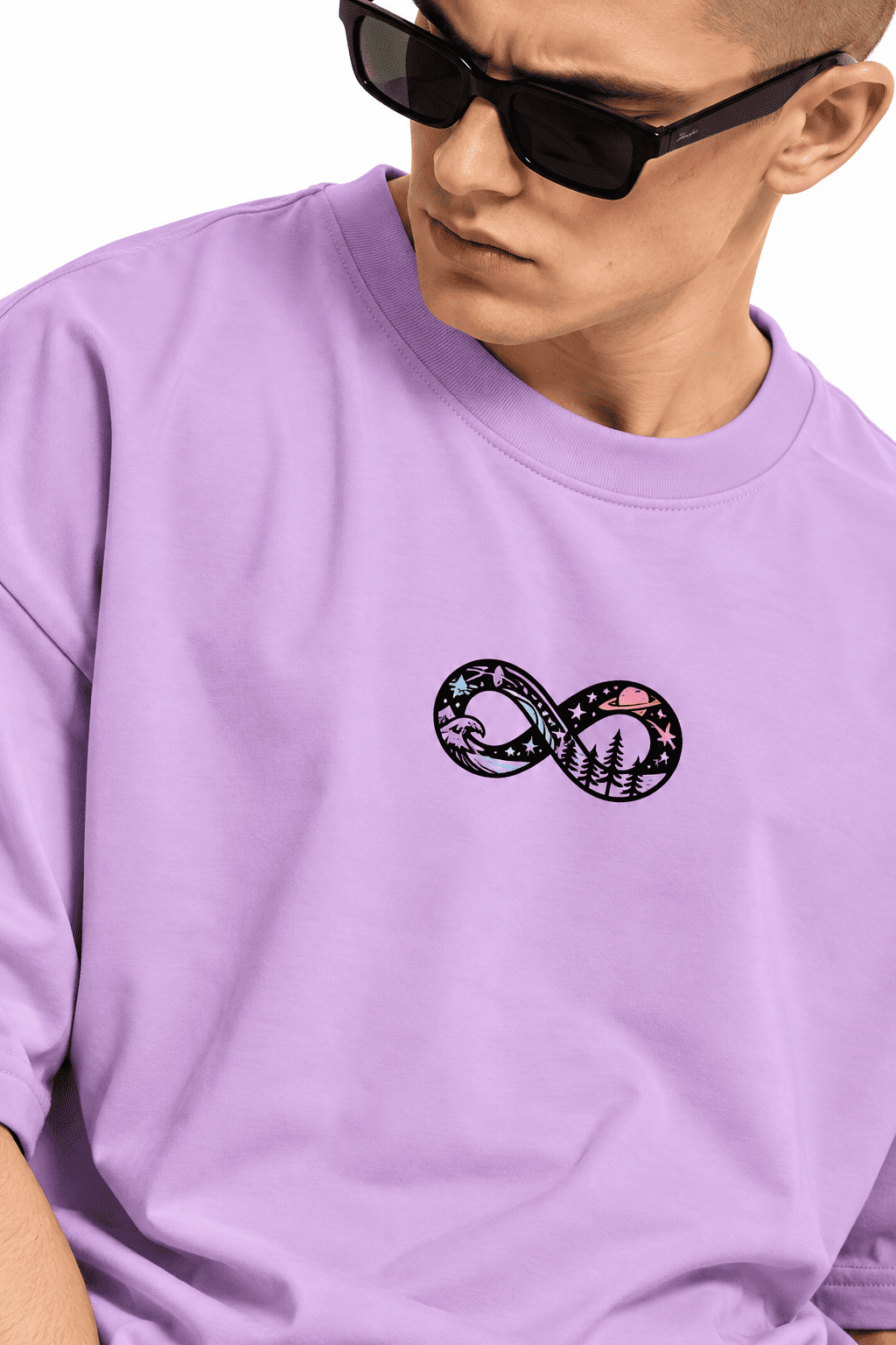 Great Things Take Time Oversized Tee 3 Close-up of illustrated infinity symbol on Great Things Take Time Oversized Tee in lavender