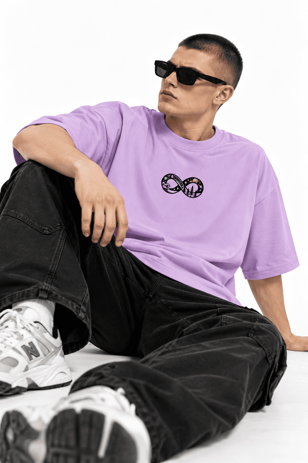 Great Things Take Time Oversized Tee 4 Lavender oversized T-shirt with small illustrated infinity symbol on the center chest