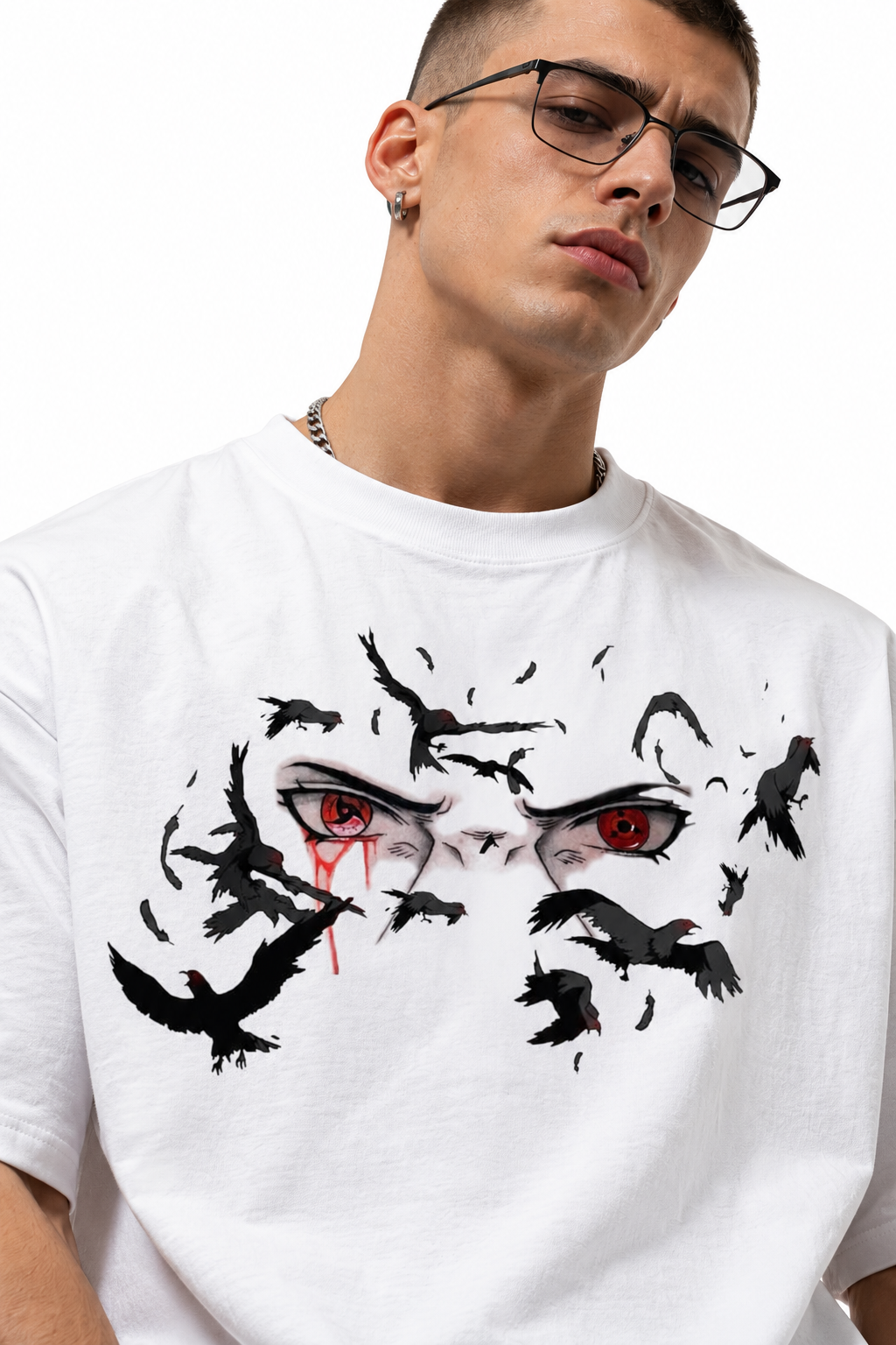Itachi Crow Oversized Tee 3 Close-up of red anime-style eyes and black crow print on white CLONTH oversized T-shirt