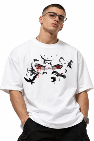 Model wearing white Itachi Crow Oversized Tee in a seated pose holding a sheathed sword