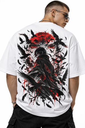 White oversized anime T-shirt back view featuring black crows and large red character illustration