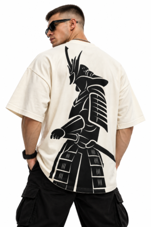 Back view of an off-white CLONTH oversized T-shirt featuring a large black samurai warrior illustration.