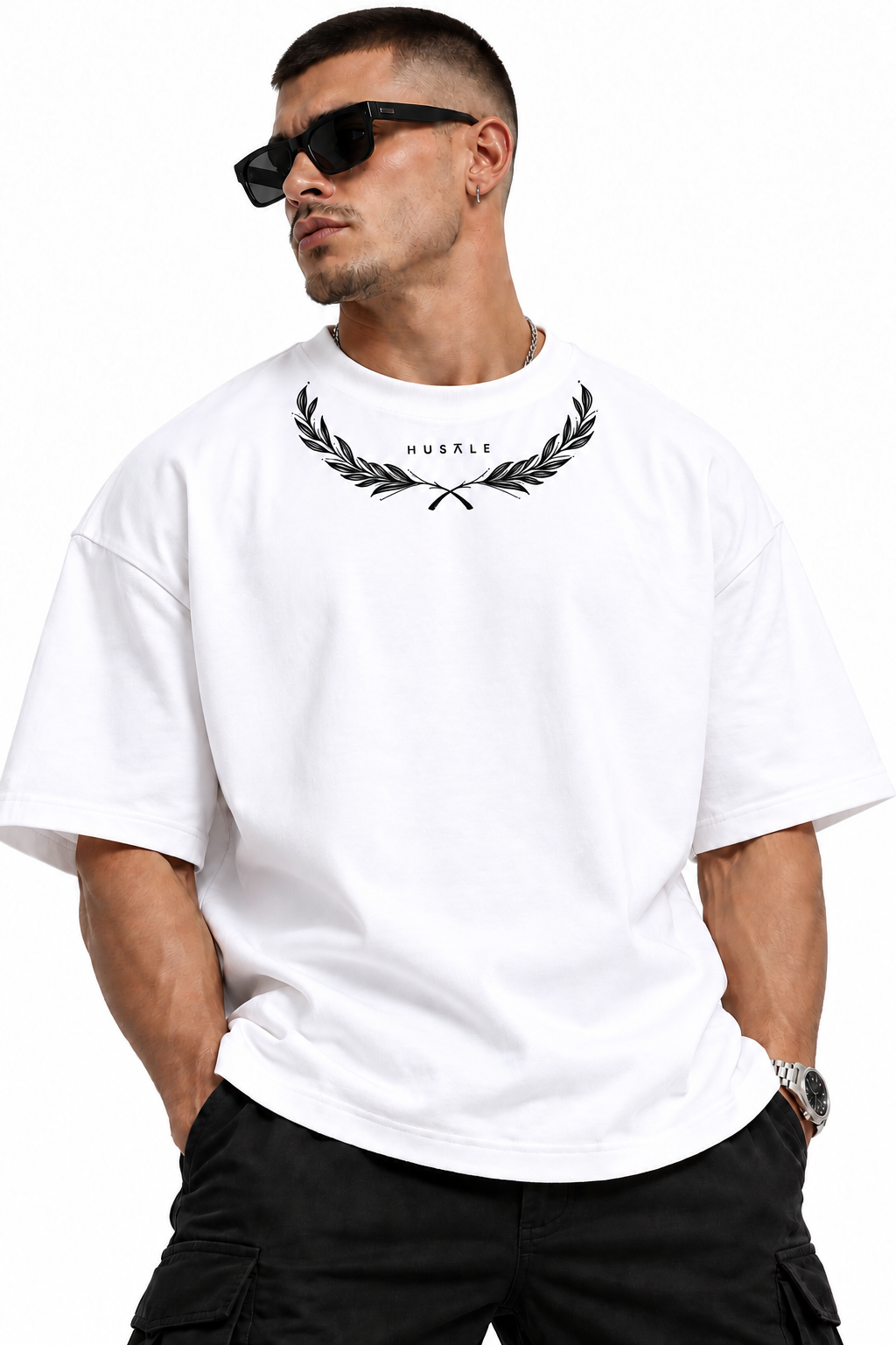 Hustle Laurel Oversized Tee 1 White Hustle Laurel Oversized Tee front view with black HUSTLE lettering and laurel branches